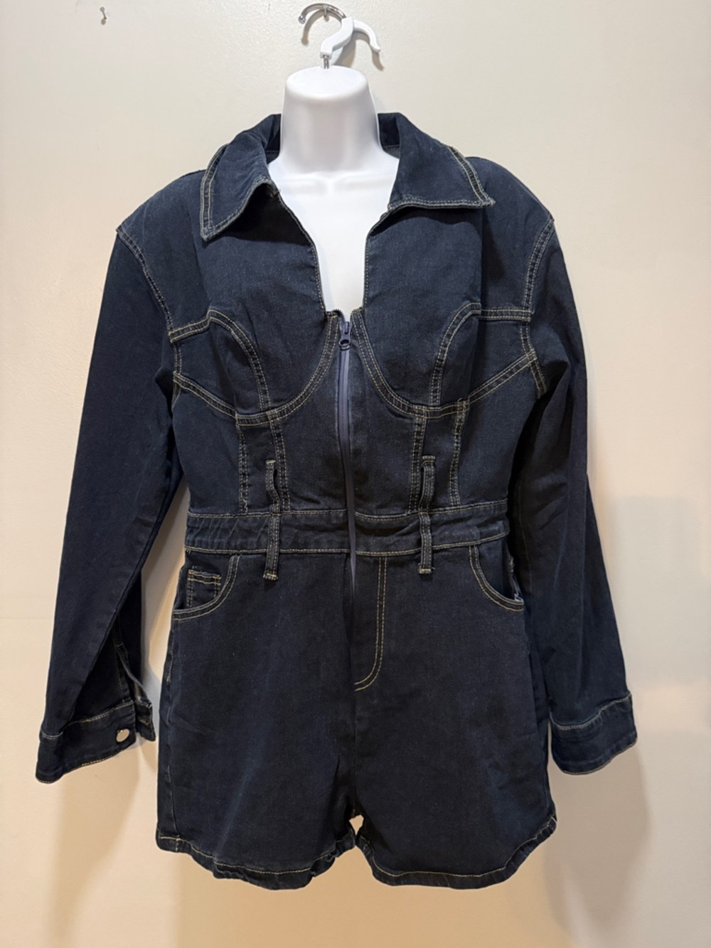 Loragal Dark Indigo Denim Women's Overall Romper with Front Zip
